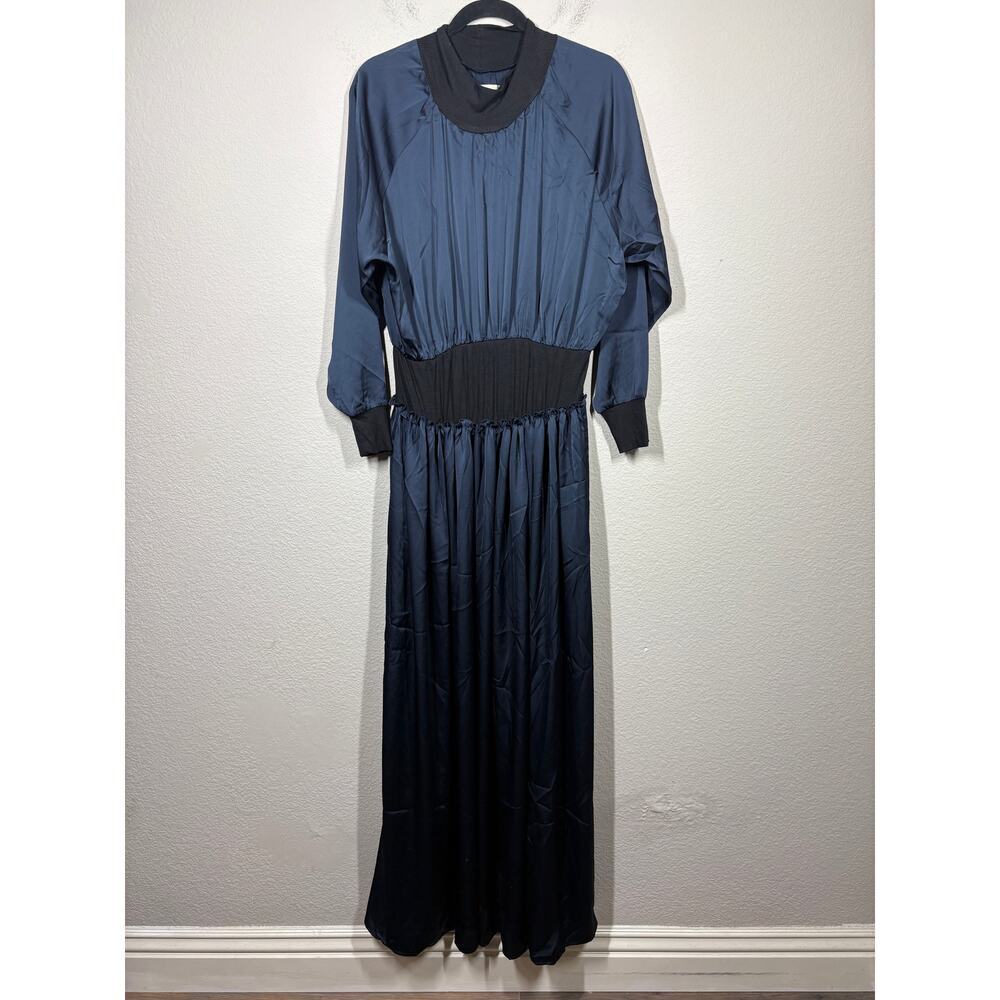 Ppino Size Medium Mock Neck Smocked Fall Maxi Shift Dress Blue Long Sleeves